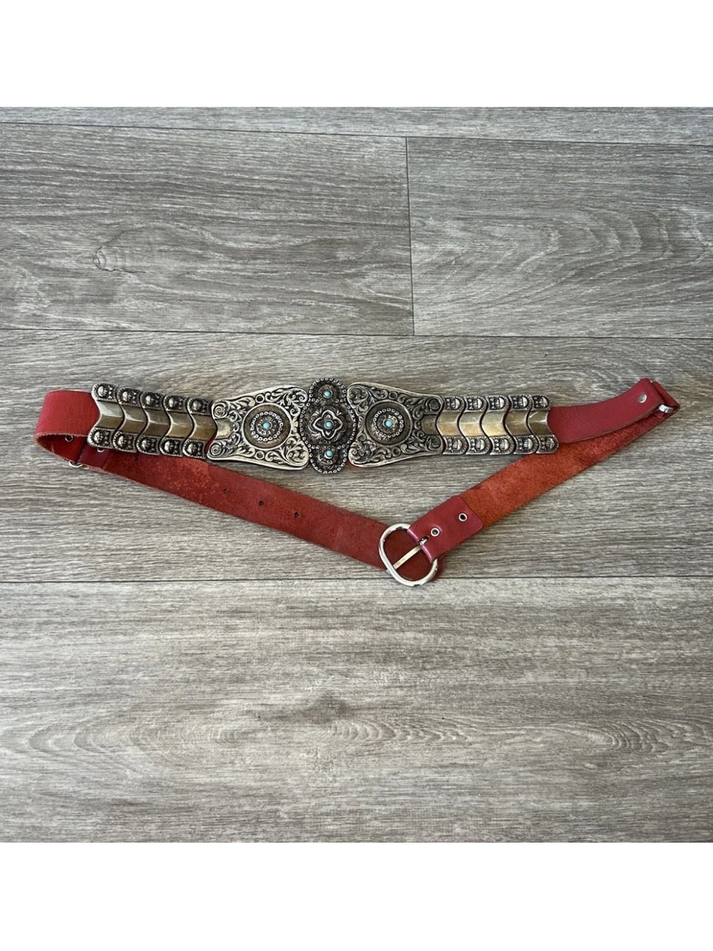Vintage Red Leather Concho Belt Turquoise Silver Tone Western Boho 36.5” S/M